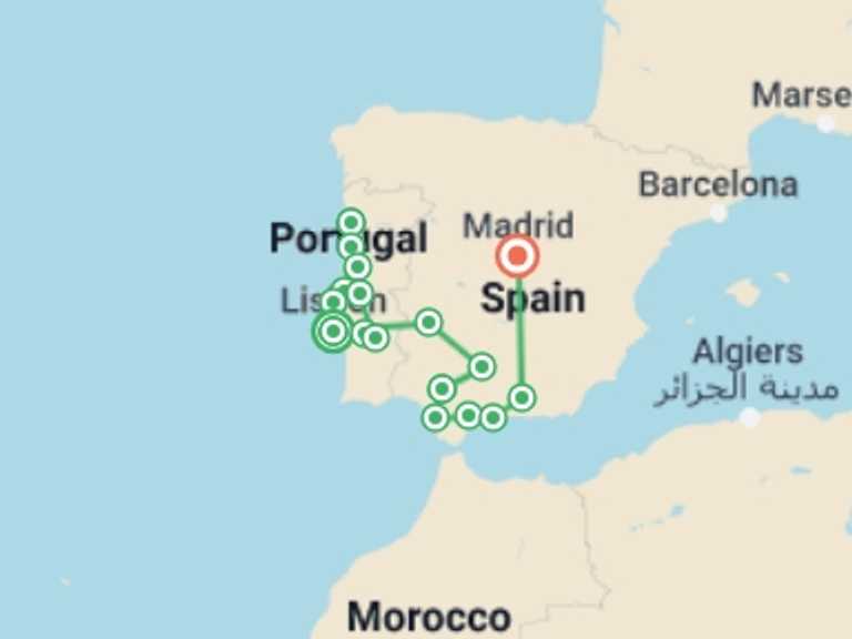 Map of 15-Day Europe Tour with 9 destination visits for the trip: From Lisbon to Madrid: A 15-Day Small Group Tour
