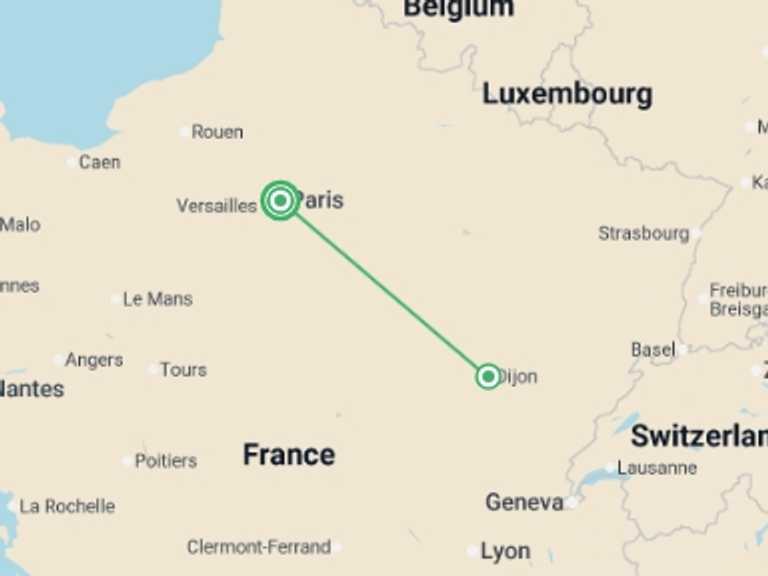 Map itinerary of France Tour in March 2027 with 2 destination visits for the trip: Wonders of Burgundy