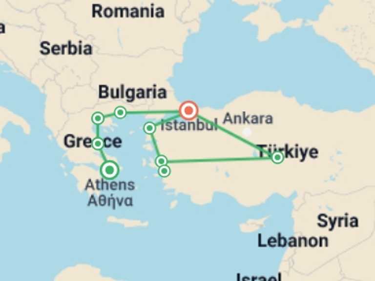 Map itinerary of Athens Tour in April 2027 with 9 destination visits for the trip: Highlights of Northern Greece & Turkey
