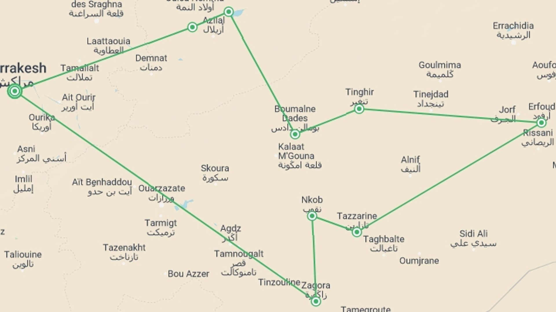 A map showing the tour itinerary for the trip: Off – Raod Atlas Experience by  4x4, starting in Marrakech, Morocco and ending in Marrakech, Morocco going through 2 other destinations.