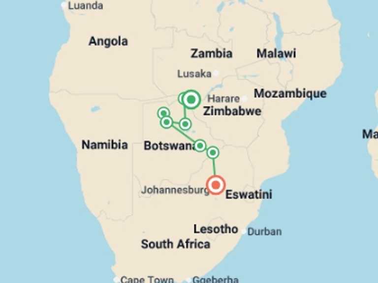 Map itinerary of Africa Tour in February 2026 with 7 destination visits for the trip: 7-day Okavango Wilderness Trail Accommodated