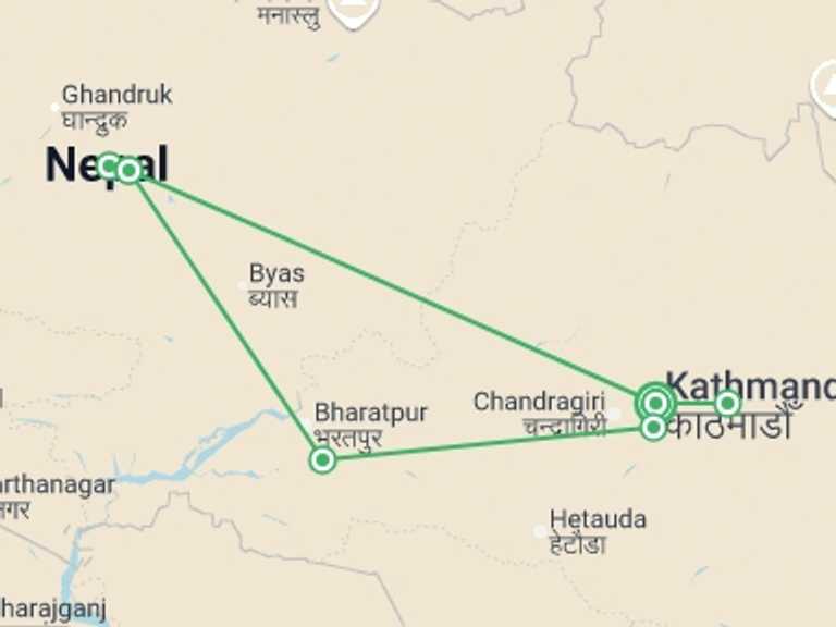 Map itinerary of Pokhara Tour in March 2026 with 5 destination visits for the trip: Treasures of Nepal - 9 days