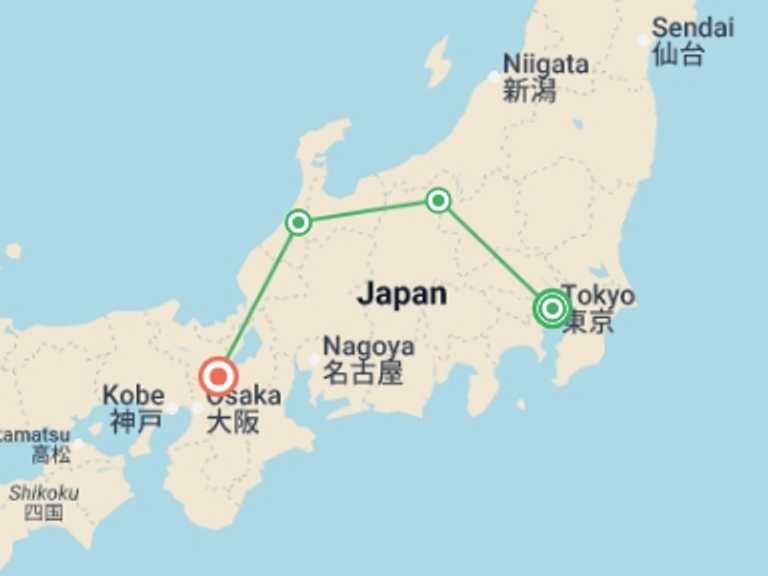 Map itinerary of Asia Tour in August 2026 with 4 destination visits for the trip: Premium Highlights of Japan