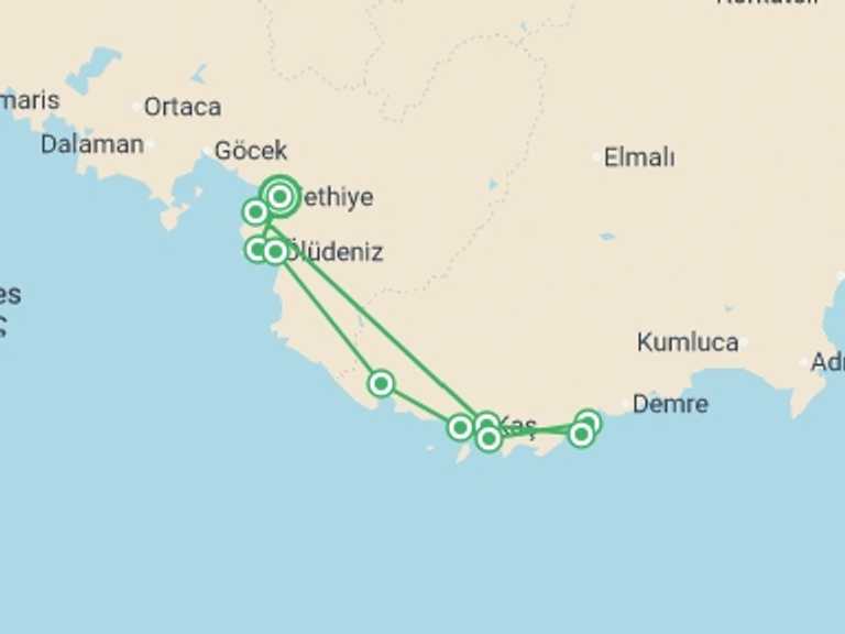 Map itinerary of Europe Tour in April 2026 with 7 destination visits for the trip: Turkey Family Cruise - 7 days