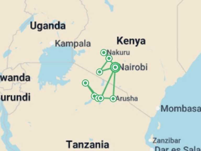 Map itinerary of Africa Tour in July 2026 with 9 destination visits for the trip: Kenya and Tanzania Family Safari