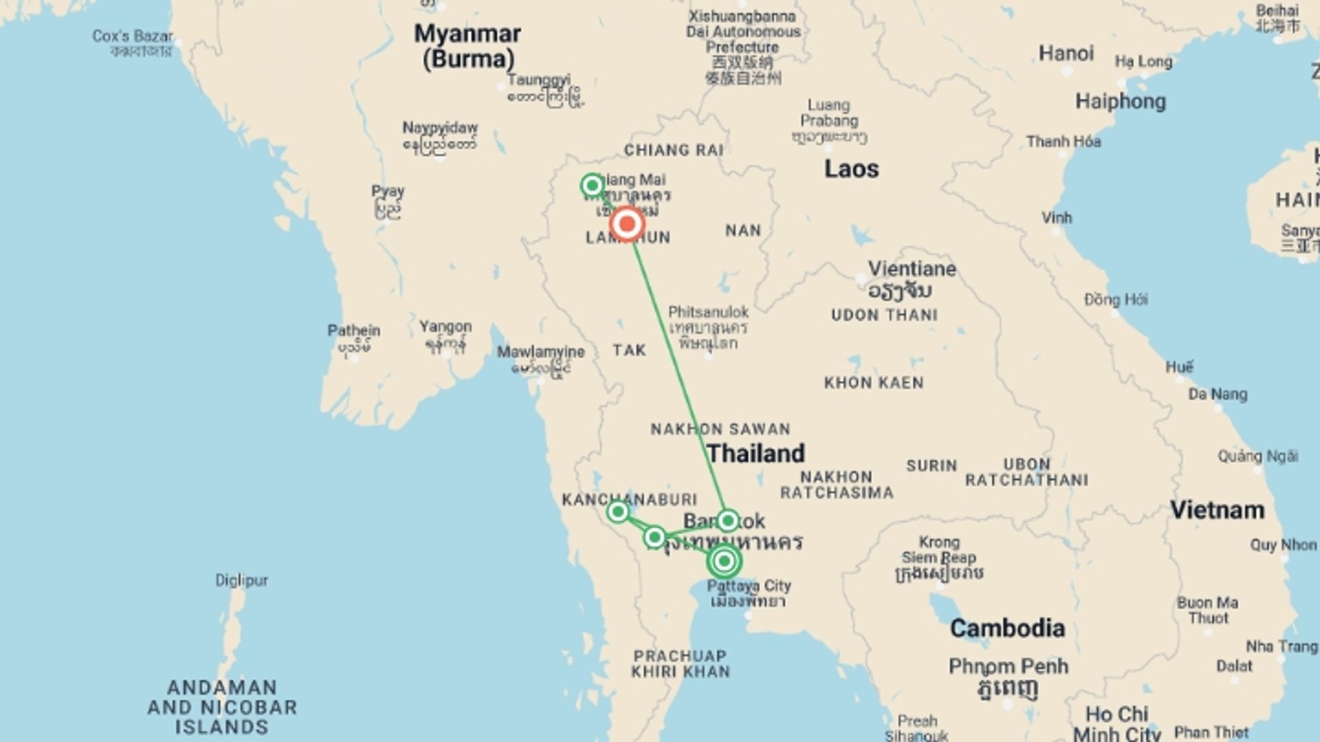 A map showing the tour itinerary for the trip: Delve Deep: Northern Thailand, starting in Bangkok, Thailand and ending in Chiang Mai, Thailand going through 3 other destinations.