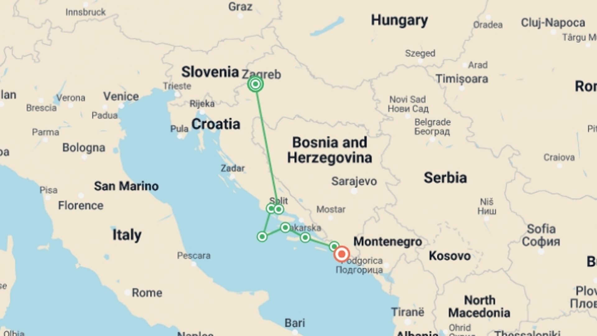 A map showing the tour itinerary for the trip: Majestic Croatia From Zagreb To Dubrovnik, starting in Zagreb, Croatia and ending in Dubrovnik, Croatia going through 6 other destinations.