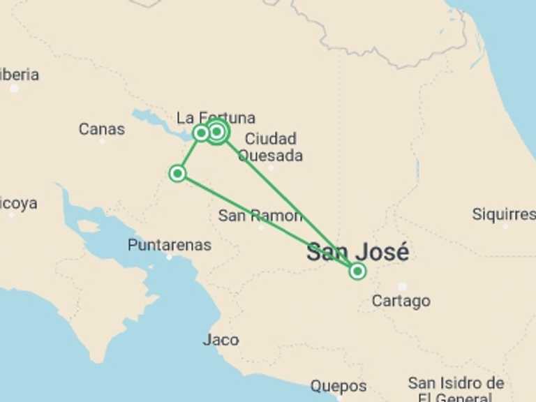 Map of San Jose Getaways and short breaks Tour with 5 destination visits for the trip: Arenal And Monteverde, Short Break