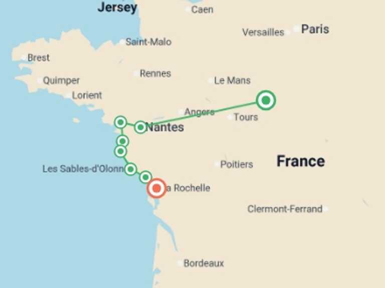 Map itinerary of Mediterranean Tour in June 2026 with 9 destination visits for the trip: Atlantic Coast Cycle -  Nantes to La Rochelle