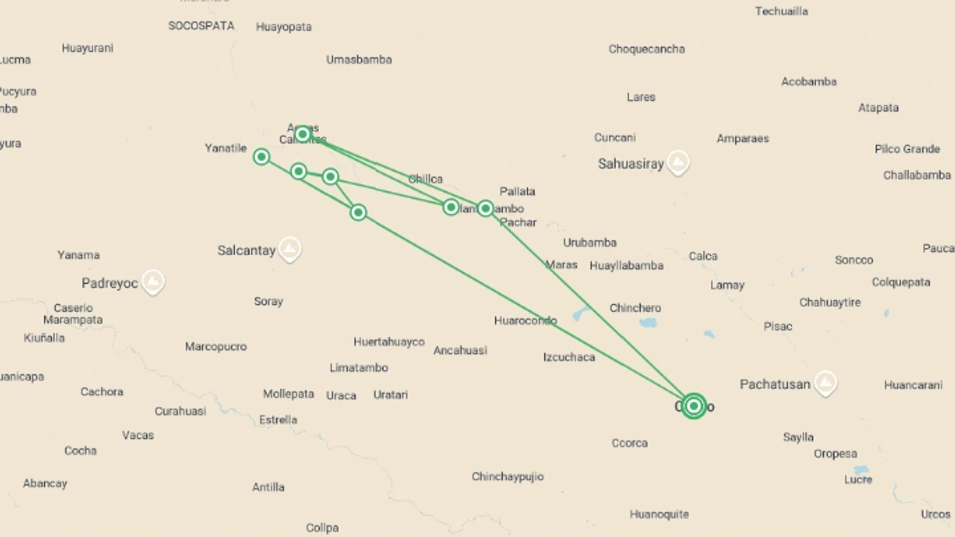 A map showing the tour itinerary for the trip: 7 Day Trek Along the Inca Trail, starting in Cusco, Peru and ending in Cusco, Peru going through 5 other destinations.