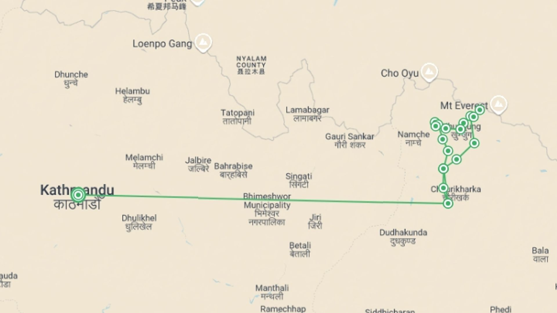 A map showing the tour itinerary for the trip: Gokyo Everest Base Camp Trek, starting in Kathmandu, Nepal and ending in Kathmandu, Nepal going through 14 other destinations.