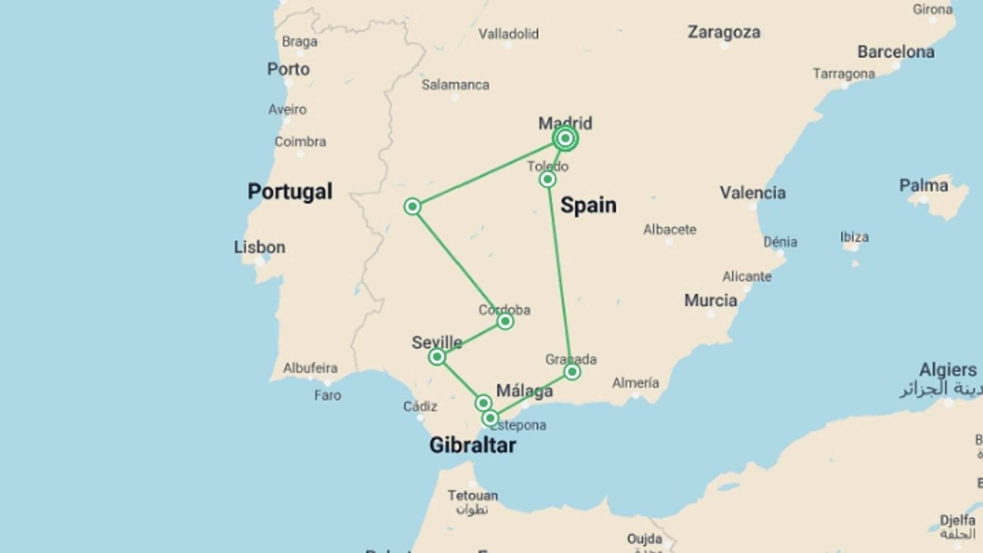 A map showing the tour itinerary for the trip: Amazing Spain, starting in Madrid, Spain and ending in Madrid, Spain going through 4 other destinations.