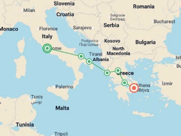 Map of 9-Day Athens Tour with 5 destination visits for the trip: Rome, Puglia and Meteoras