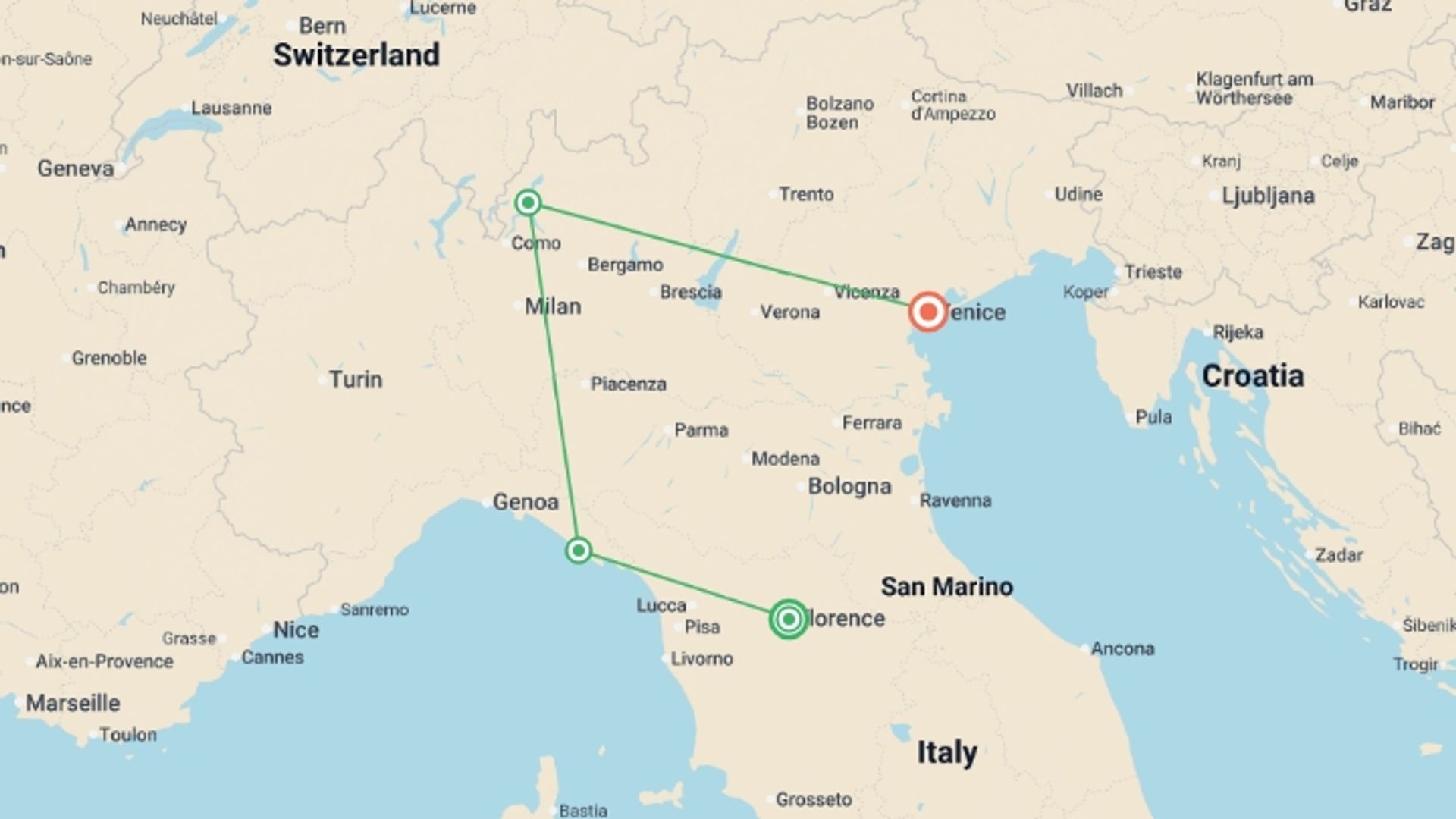 A map showing the tour itinerary for the trip: Best of Northern Italy: Florence to Venice, starting in Florence, Italy and ending in Venice, Italy going through 2 other destinations.