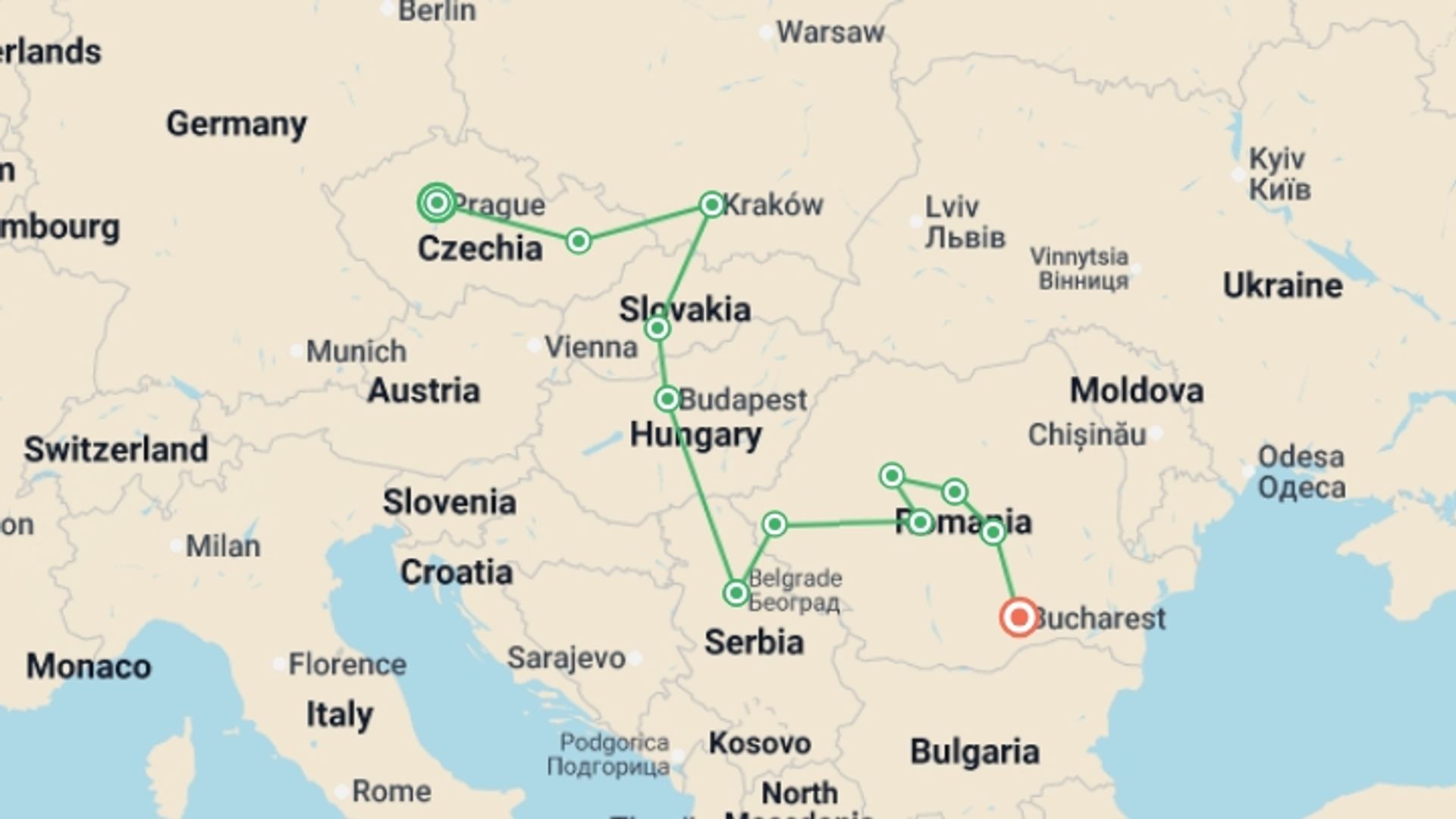 A map showing the tour itinerary for the trip: Premium Prague to Bucharest, starting in Prague, Czech Republic and ending in Bucharest, Romania going through 10 other destinations.