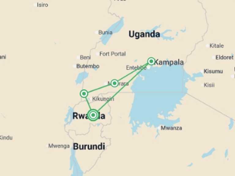 Map itinerary of Uganda Tour in August 2026 with 4 destination visits for the trip: Premium Rwanda & Gorillas of Uganda
