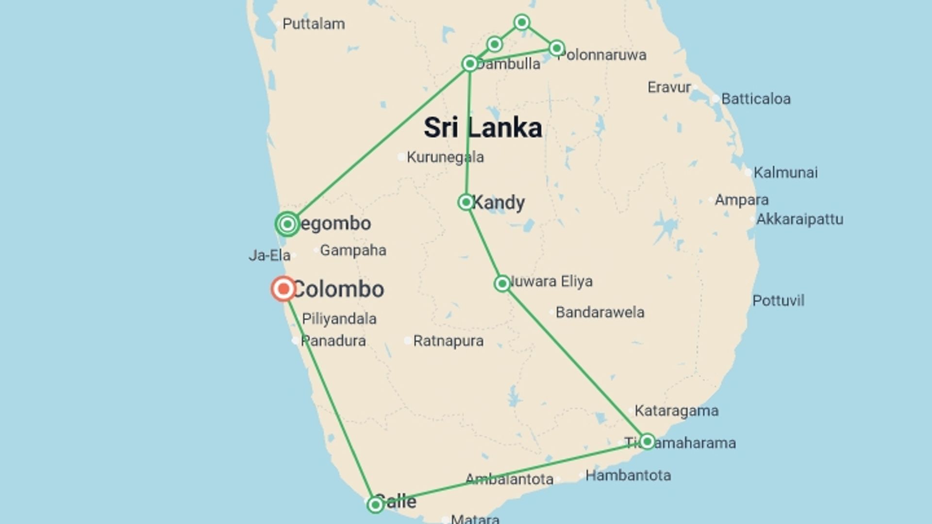 A map showing the tour itinerary for the trip: Full Sri Lanka Adventure 14D/13N, starting in Negombo, Sri Lanka and ending in Colombo, Sri Lanka going through 6 other destinations.