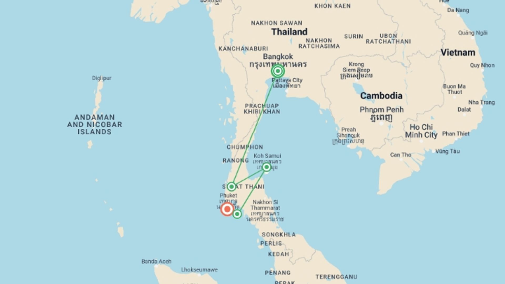 A map showing the tour itinerary for the trip: Thai Experience, starting in Bangkok, Thailand and ending in Phuket, Thailand going through 3 other destinations.