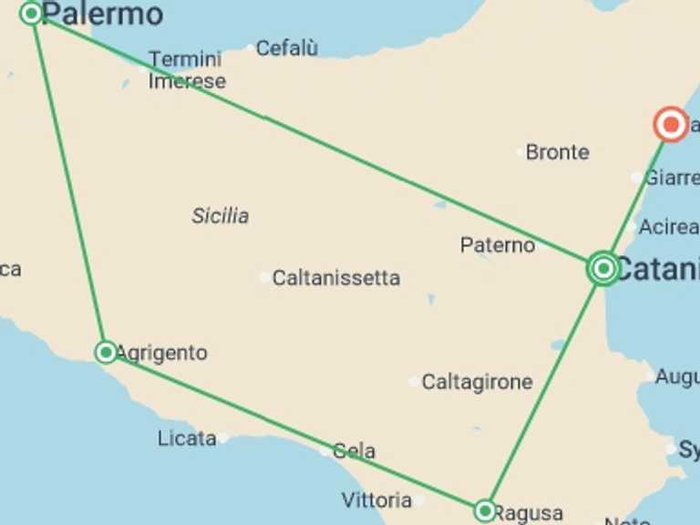 Map of Mediterranean Tour with 5 destination visits for the trip: Highlights of Sicily From Catania - 10 days