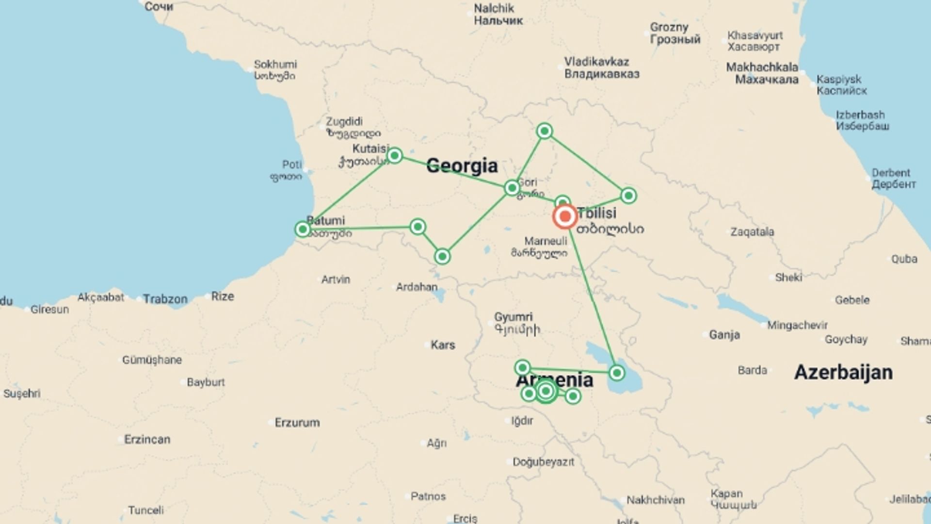 A map showing the tour itinerary for the trip: The Best of Georgia and Armenia, starting in Yerevan, Armenia and ending in Tbilisi, Georgia going through 11 other destinations.