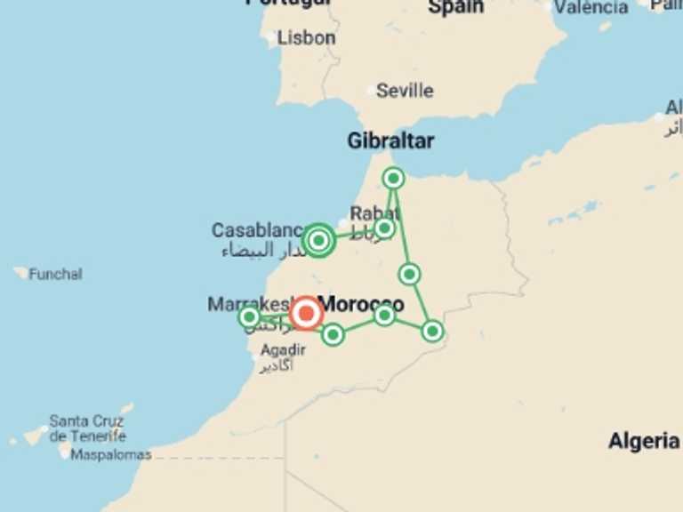 Map of Africa Tour with 10 destination visits for the trip: CASABLANCA to MARRAKECH (14 days) Morocco Encompas