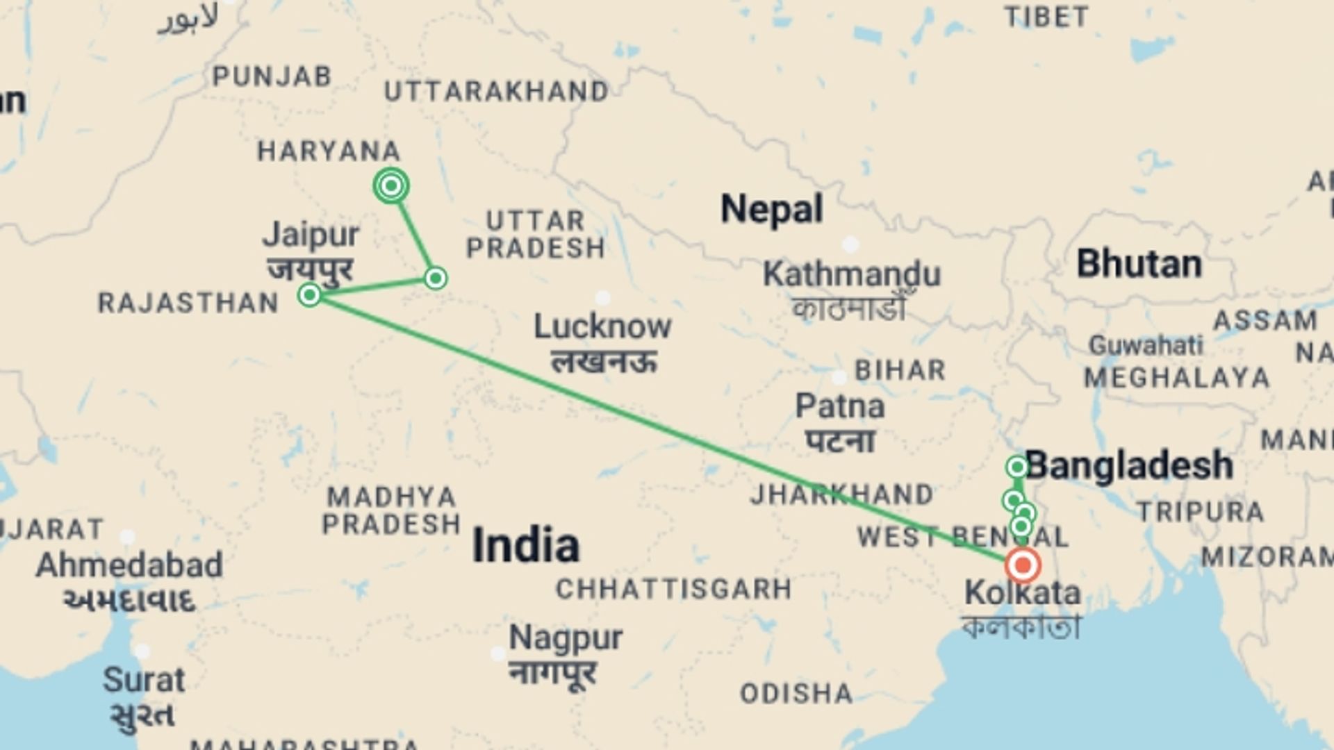 A map showing the tour itinerary for the trip: India's Golden Triangle & the Sacred Ganges (2026), starting in New Delhi, India and ending in Kolkata, India going through 6 other destinations.