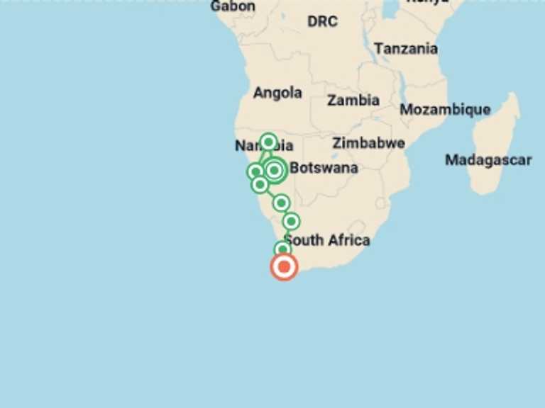 Map of Windhoek Wildlife Tour with 8 destination visits for the trip: Cape & Dunes Discoverer