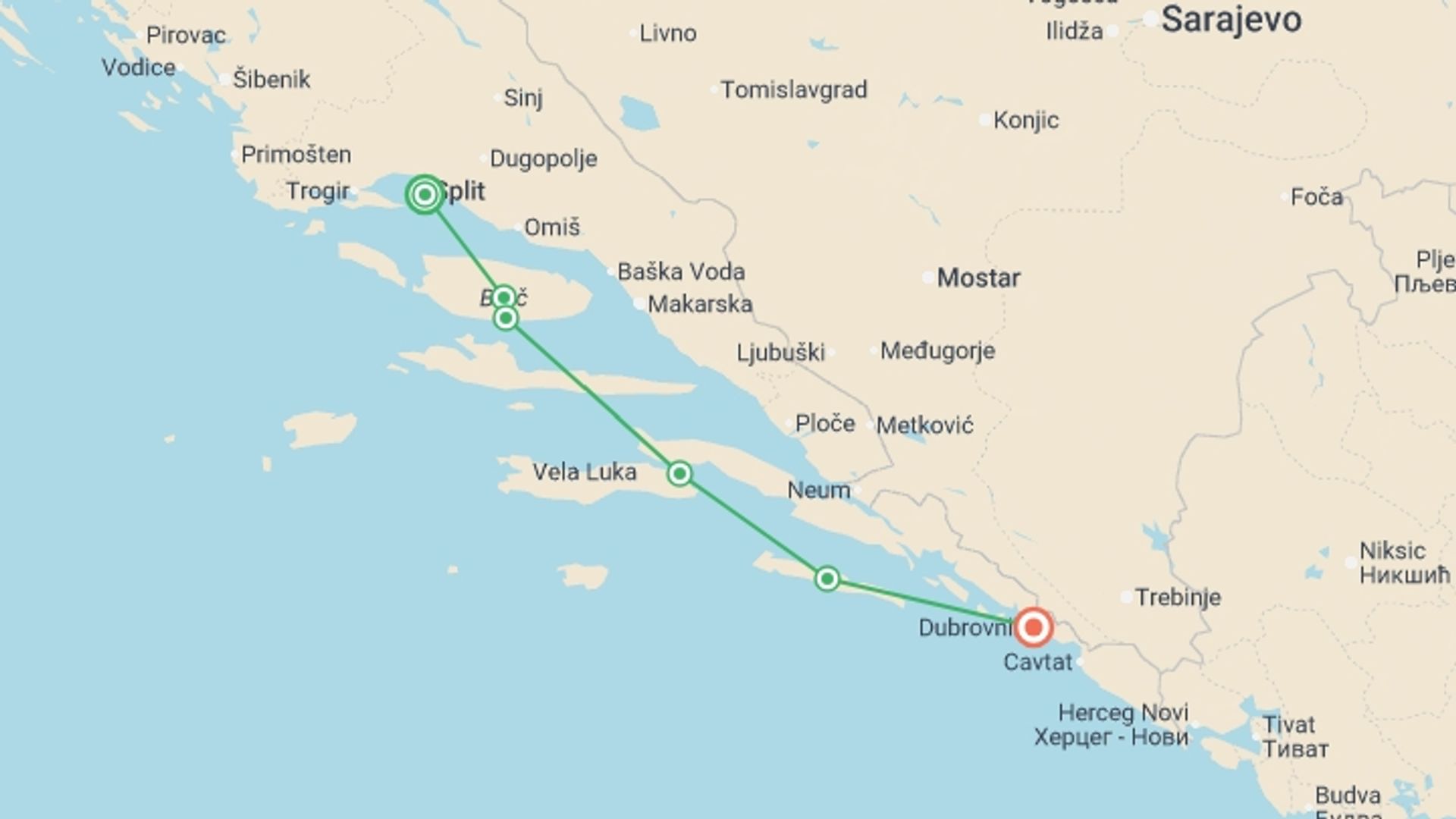 A map showing the tour itinerary for the trip: Croatia Island Hopping, starting in Split, Croatia and ending in Dubrovnik, Croatia going through 4 other destinations.