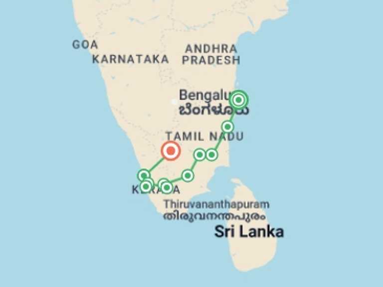 Map of a Sightseeing Tour with 11 destination visits for the trip: Beautiful South - 14 days