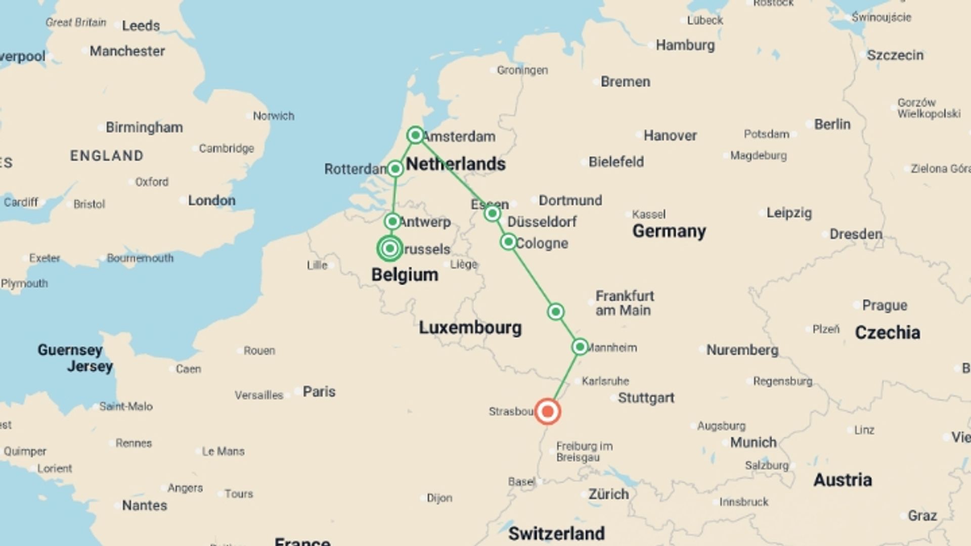 A map showing the tour itinerary for the trip: Northern Gems - A European River Cruise from Belgium to Germany. (port-to-port cruise), starting in Brussels, Belgium and ending in Strasbourg, France going through 6 other destinations.
