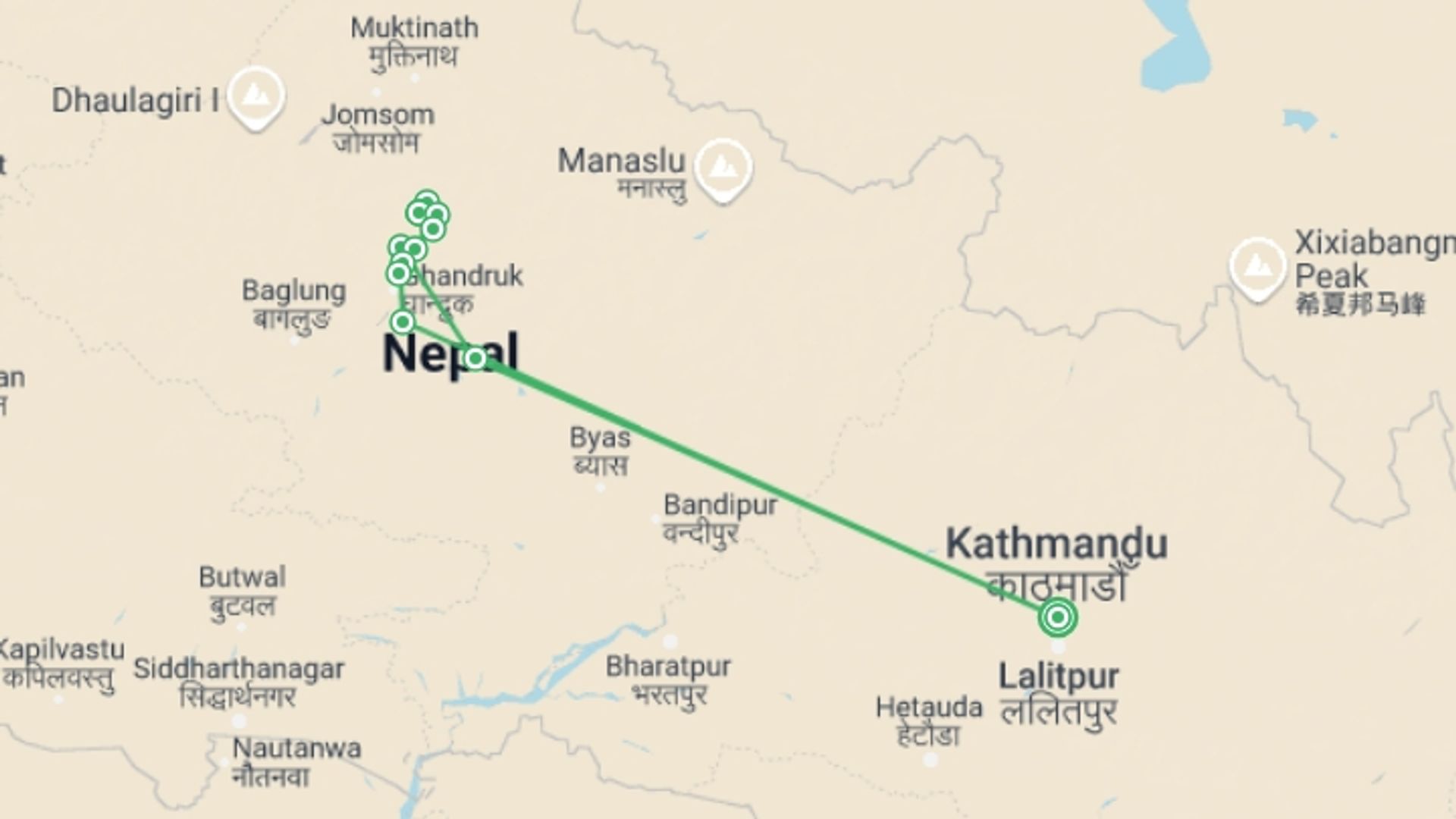 A map showing the tour itinerary for the trip: Annapurna Base Camp Trek and Tent Peak Climbing - 14 Days, starting in Kathmandu, Nepal and ending in Kathmandu, Nepal going through 11 other destinations.