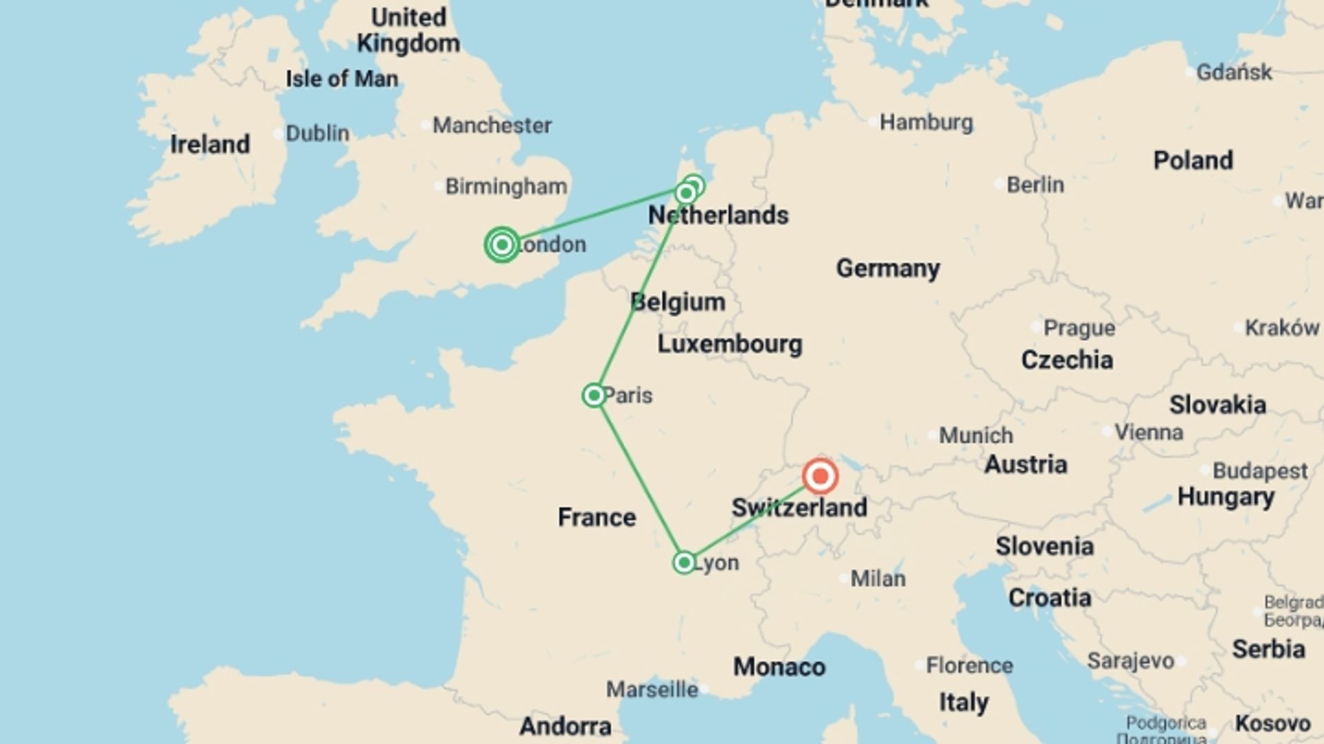 A map showing the tour itinerary for the trip: Trekking Through the Continent GO, starting in London, England and ending in Zurich, Switzerland going through 4 other destinations.