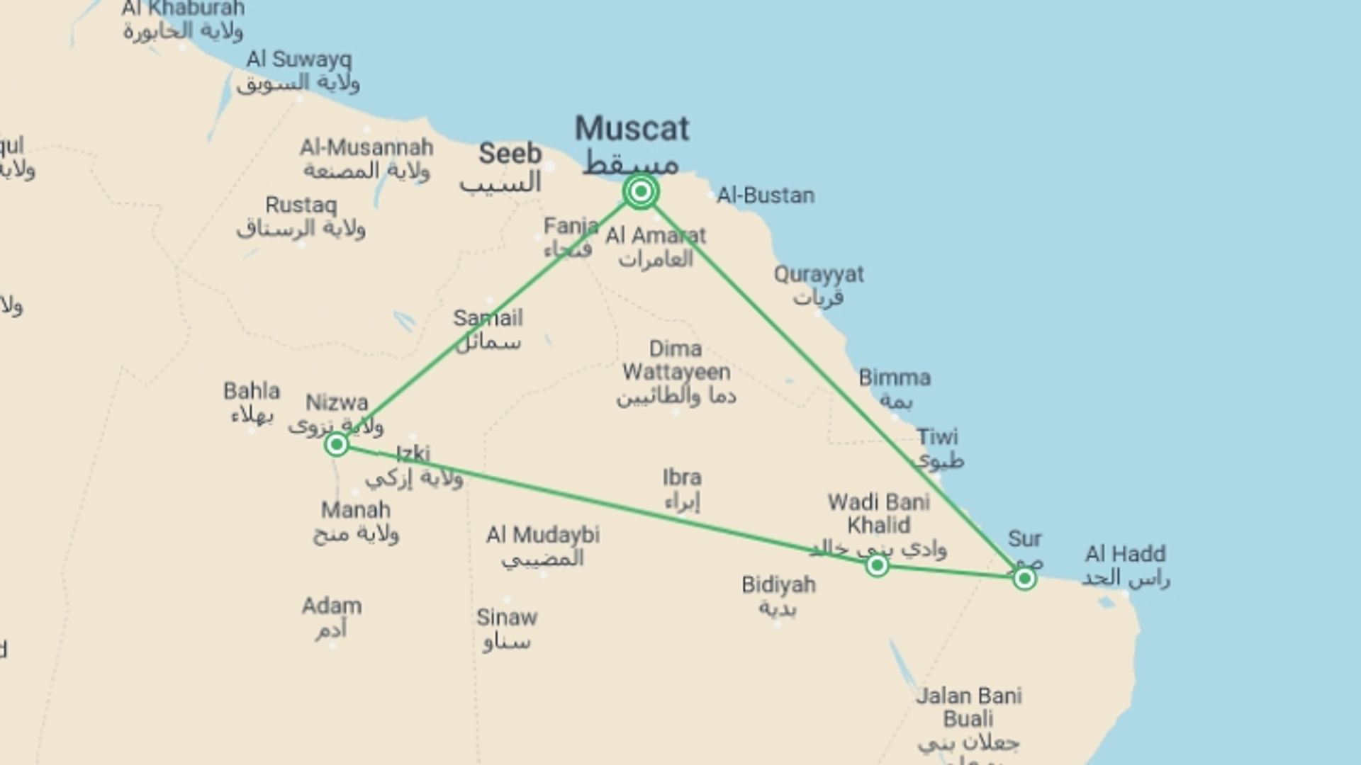 A map showing the tour itinerary for the trip: A Week in Oman, starting in Muscat, Oman and ending in Muscat, Oman going through 3 other destinations.