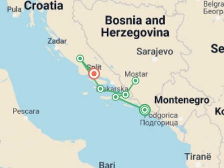 Map of Croatia Sailing, yachting and motor boating Tour with 7 destination visits for the trip: Croatian Coastal Cruising: Dubrovnik to Split (Aurora)