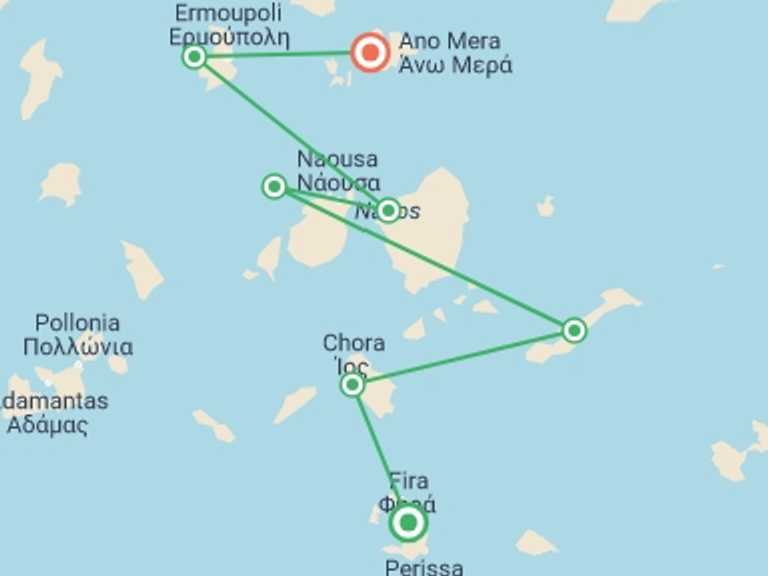 Map of a Sailing, yachting and motor boating Tour with 7 destination visits for the trip: Sail Greece: Santorini to Mykonos