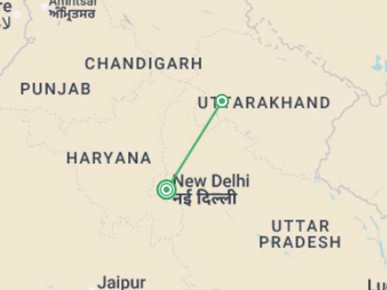 Map of New Delhi Yoga Tour with 2 destination visits for the trip: Rishikesh Yoga Retreat 7D/6N