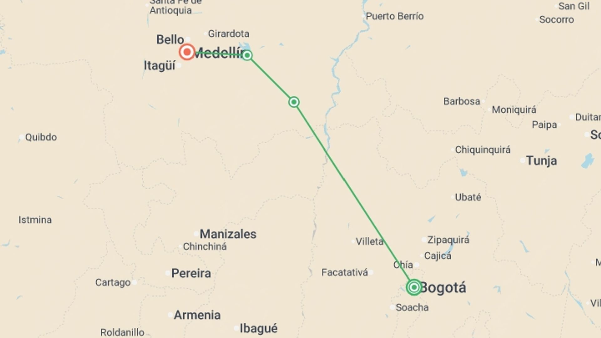 A map showing the tour itinerary for the trip: Essential Colombia, starting in Bogota, Colombia and ending in Medellin, Colombia going through 2 other destinations.