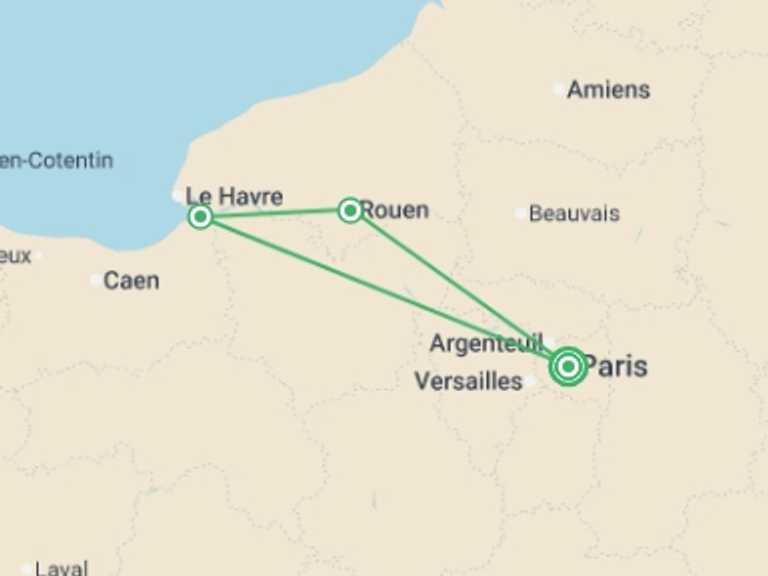 Map itinerary of France Tour in June 2026 with 3 destination visits for the trip: The Must-see Sights of the Seine Valley (port-to-port cruise)