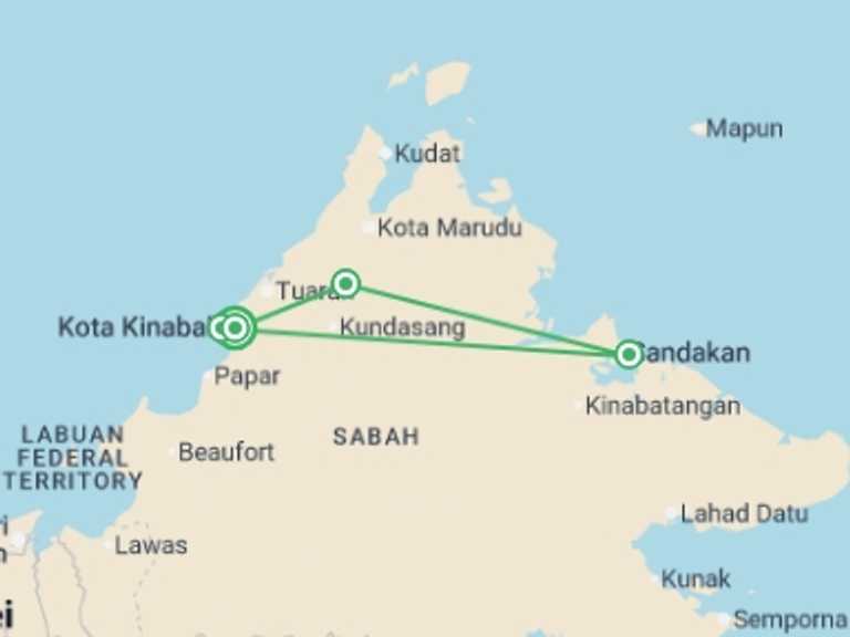 Map of Sandakan Tour with 4 destination visits for the trip: Borneo Family Holiday Comfort