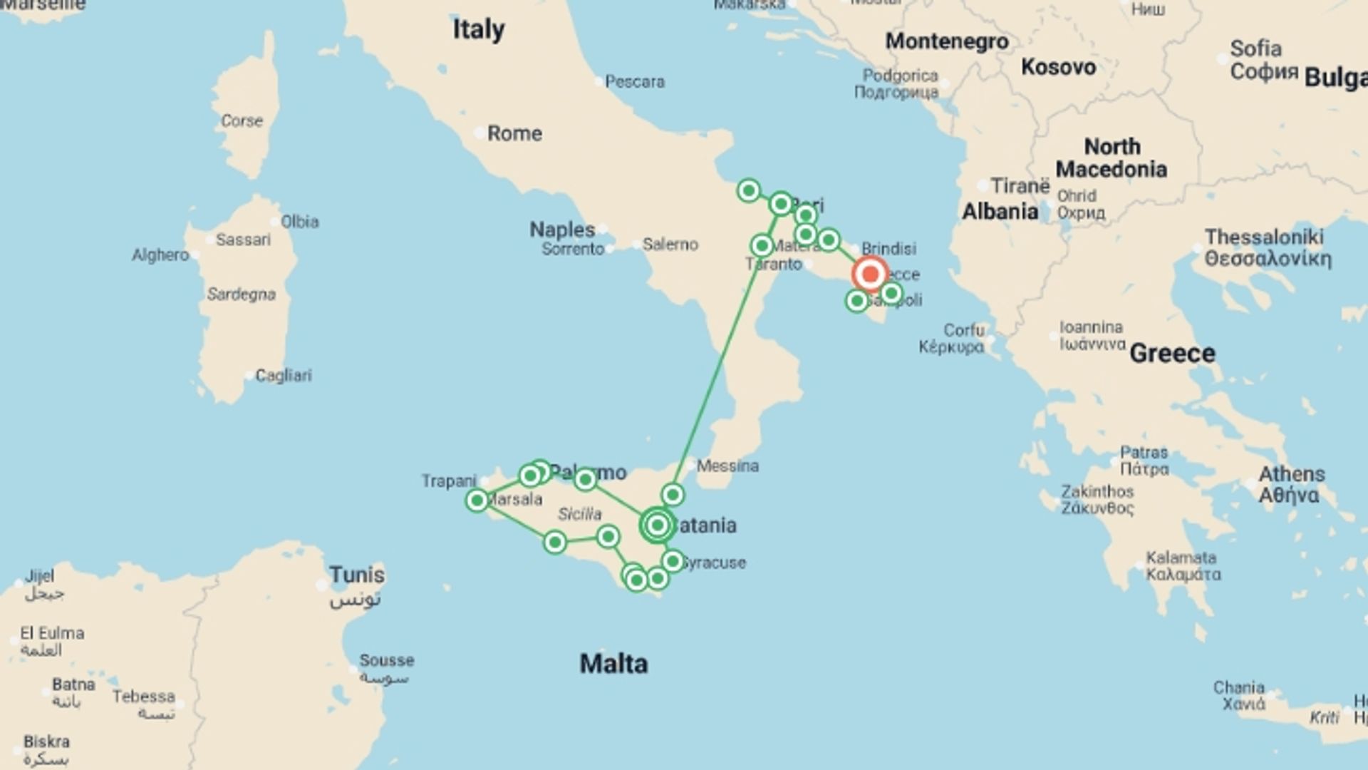 A map showing the tour itinerary for the trip: Sicily, Matera &  Puglia - 13 days, starting in Catania, Italy and ending in Lecce, Italy going through 4 other destinations.