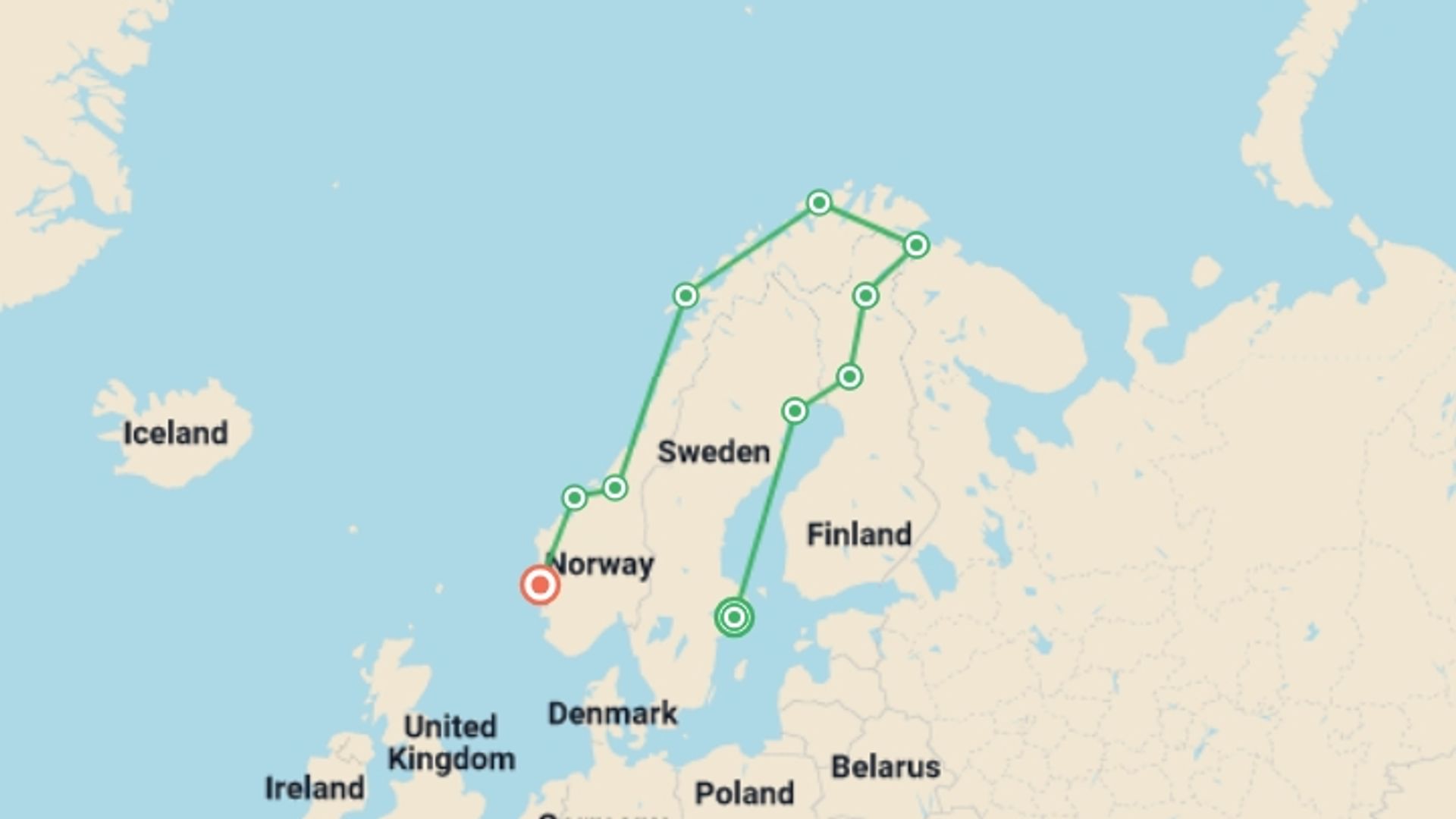 A map showing the tour itinerary for the trip: Nordic Discovery, starting in Stockholm, Sweden and ending in Bergen, Norway going through 8 other destinations.