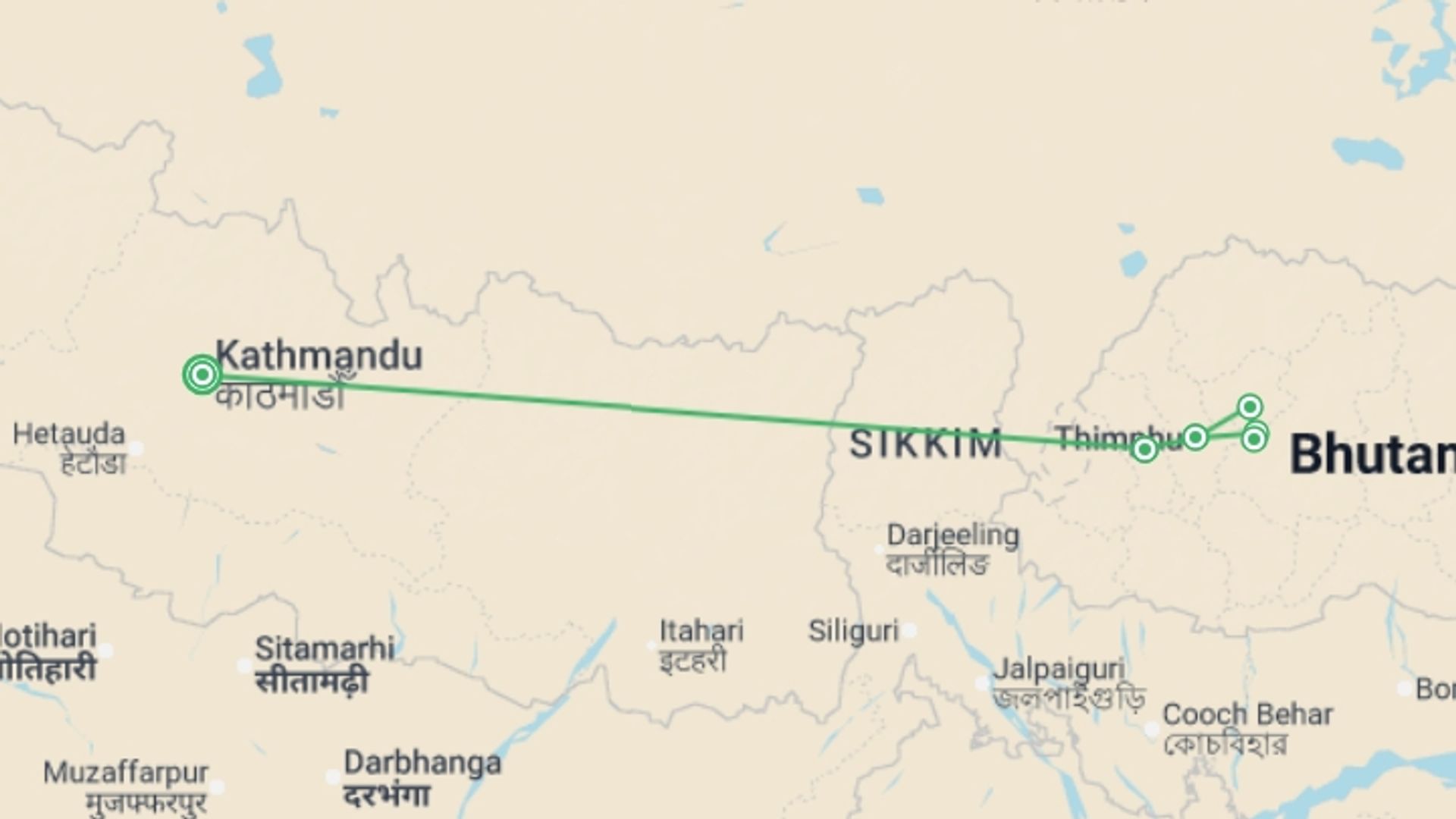 A map showing the tour itinerary for the trip: Discover Bhutan, starting in Kathmandu, Nepal and ending in Kathmandu, Nepal going through 5 other destinations.