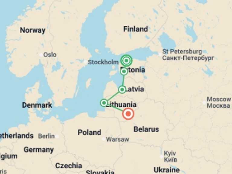 Map of Europe Tour with 5 destination visits for the trip: Premium Baltics