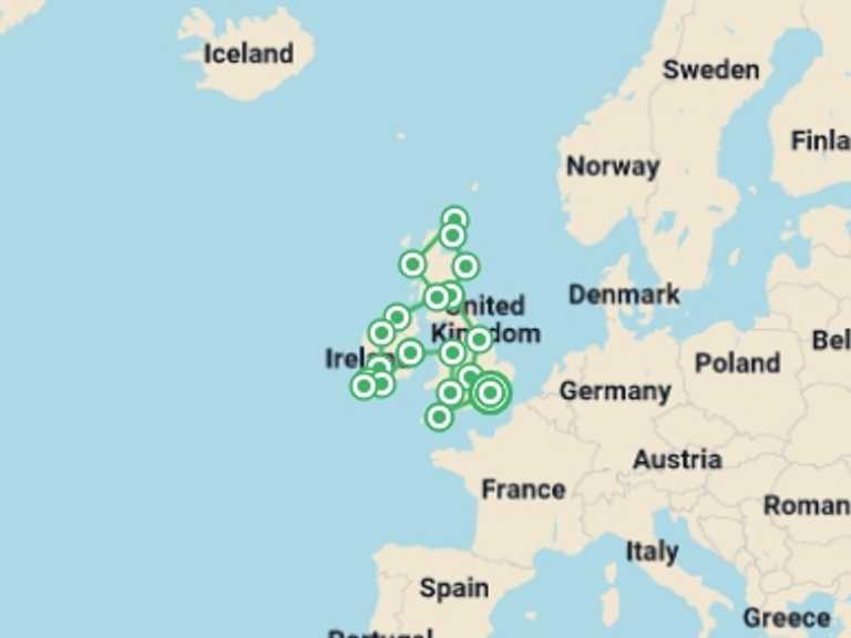 Map itinerary of Europe Tour in July 2026 with 19 destination visits for the trip: Britain & Ireland Discovery
