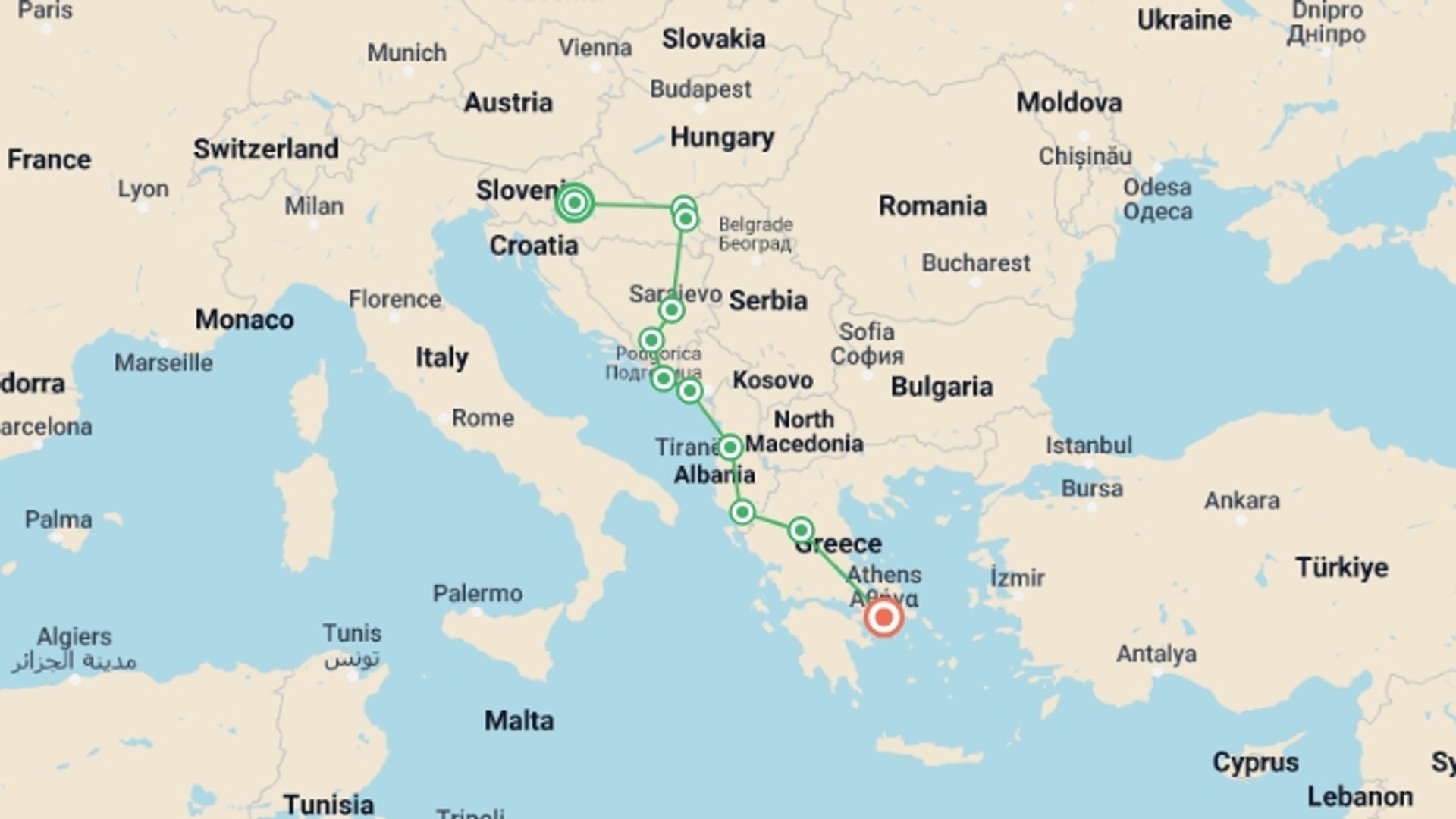 A map showing the tour itinerary for the trip: The Balkans From Coastal Croatia to Legendary Greece, starting in Zagreb, Croatia and ending in Athens, Greece going through 2 other destinations.