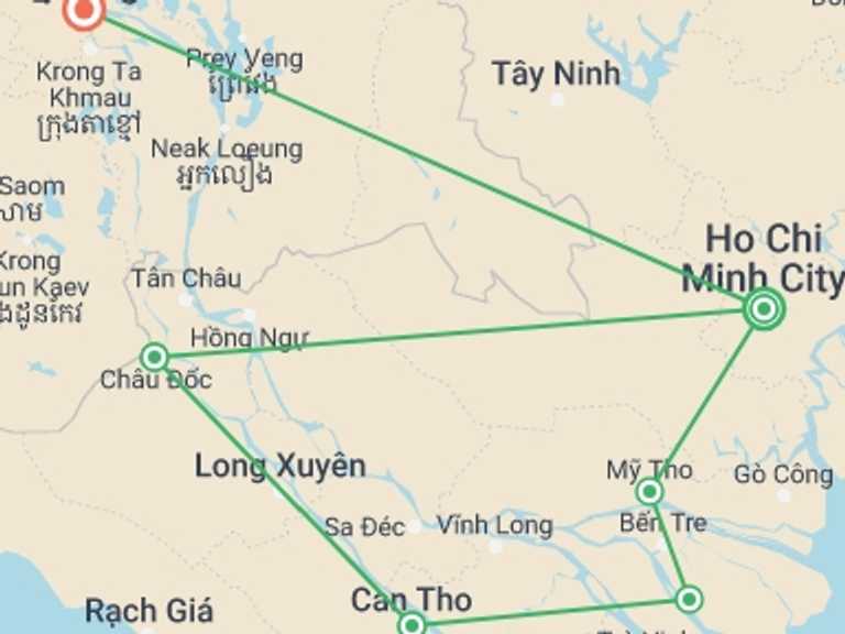 Map of a River cruise Tour with 5 destination visits for the trip: My Tho and Chau Doc with Mekong Delta Cruise