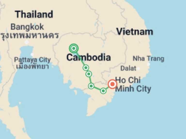 Map of 12-Day Ho Chi Minh City Tour with 6 destination visits for the trip: From the Angkor Temples to the Mekong Delta (port-to-port cruise)