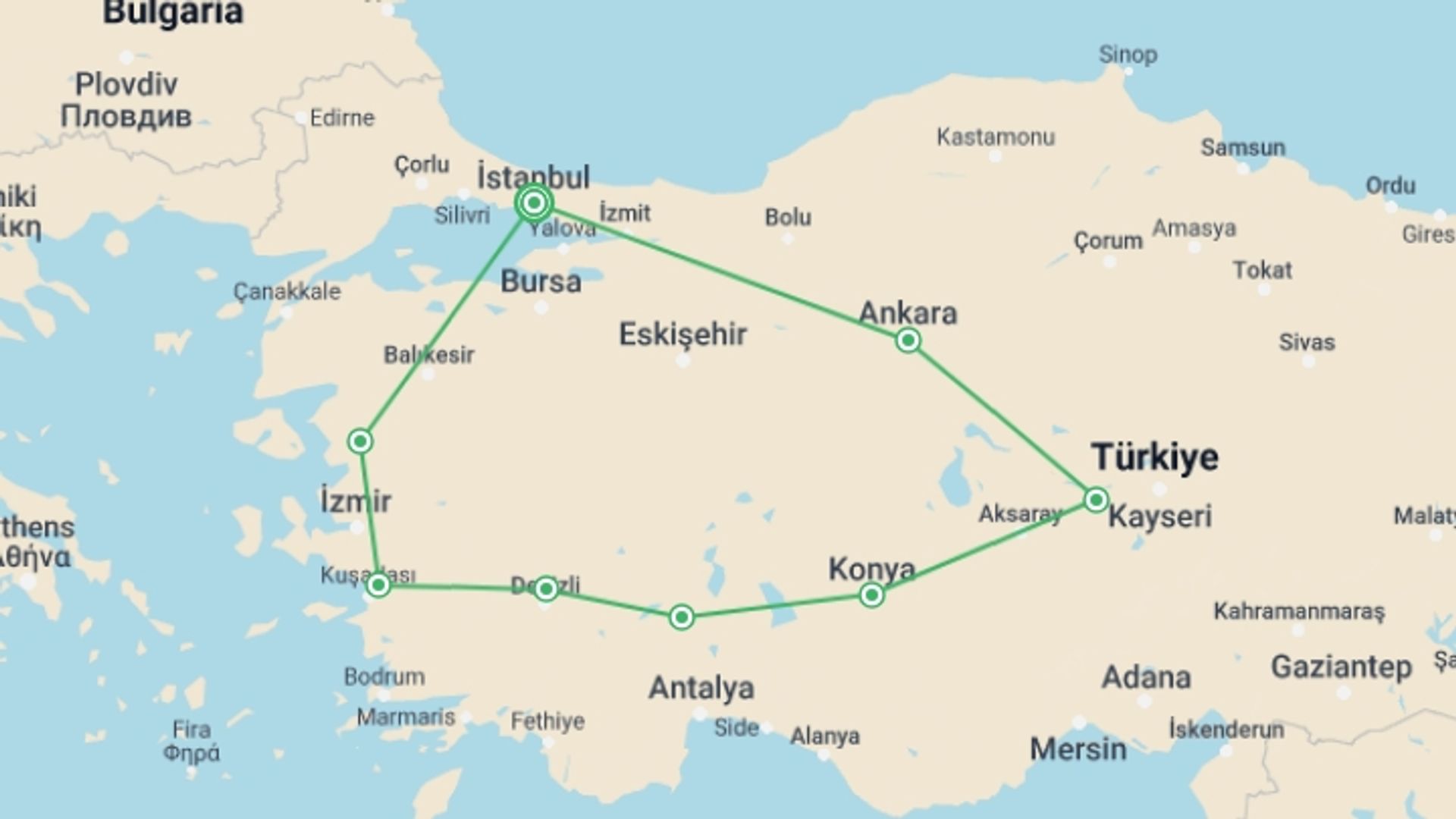 A map showing the tour itinerary for the trip: Best of Turkey, starting in Istanbul, Turkey and ending in Istanbul, Turkey going through 7 other destinations.