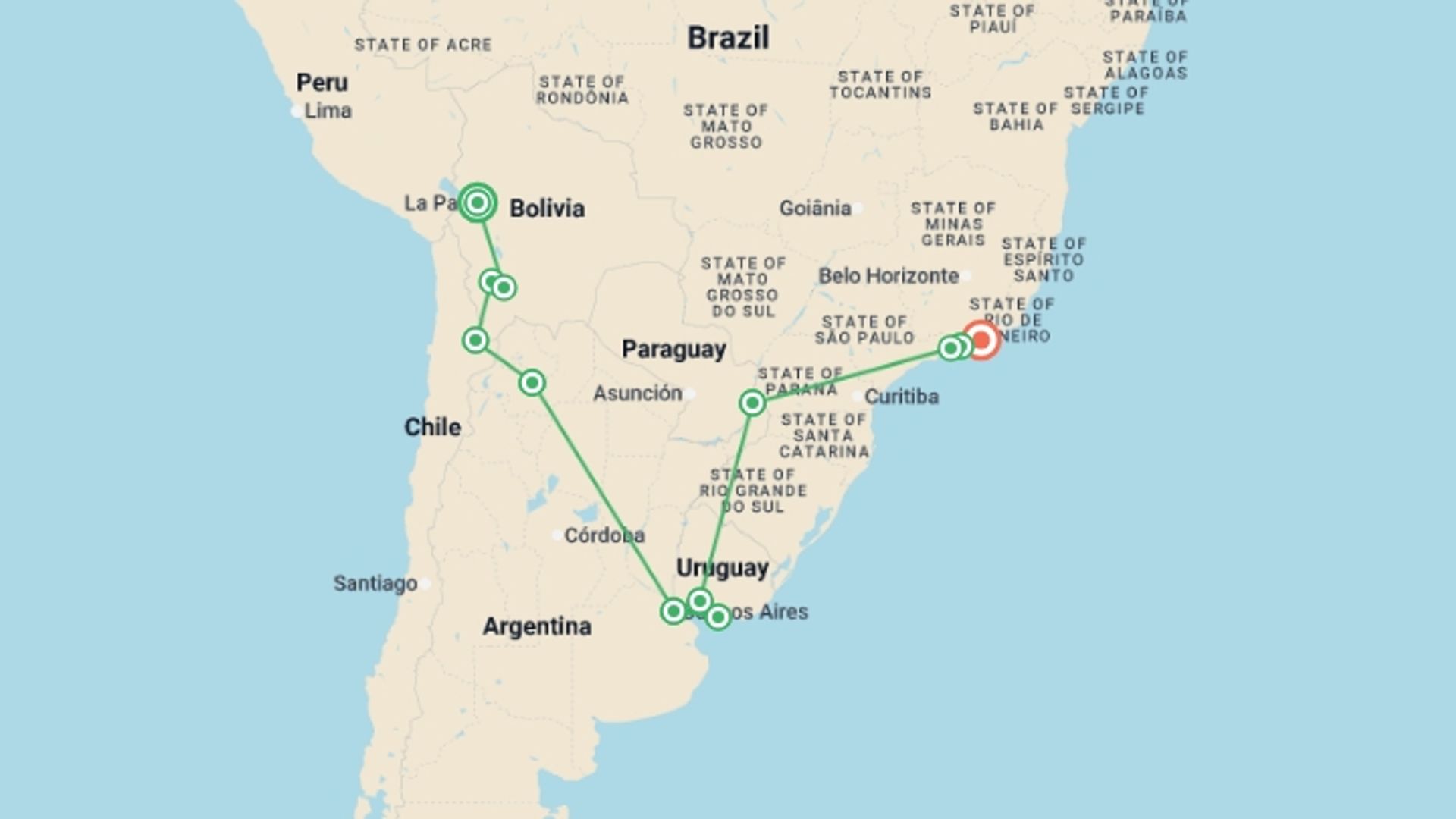 A map showing the tour itinerary for the trip: Real Bolivia to Brazil, starting in La Paz, Bolivia and ending in Rio de Janeiro, Brazil going through 10 other destinations.