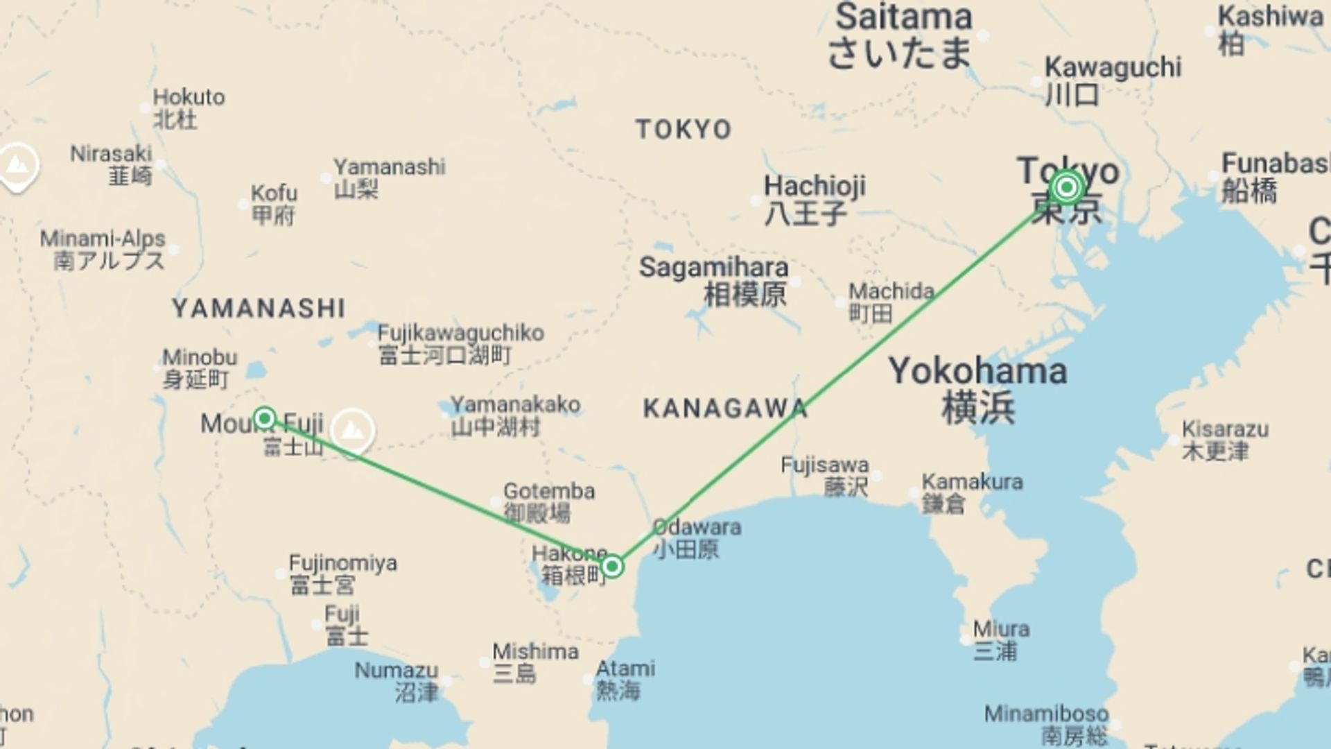 A map showing the tour itinerary for the trip: Hakone Discovery, Gateway to Mt. Fuji 3D/2N, starting in Tokyo, Japan and ending in Tokyo, Japan going through 1 other destinations.